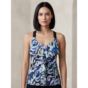 Alfani Blue & Black Ruffled V-Neck Halter Tank Top Blouse